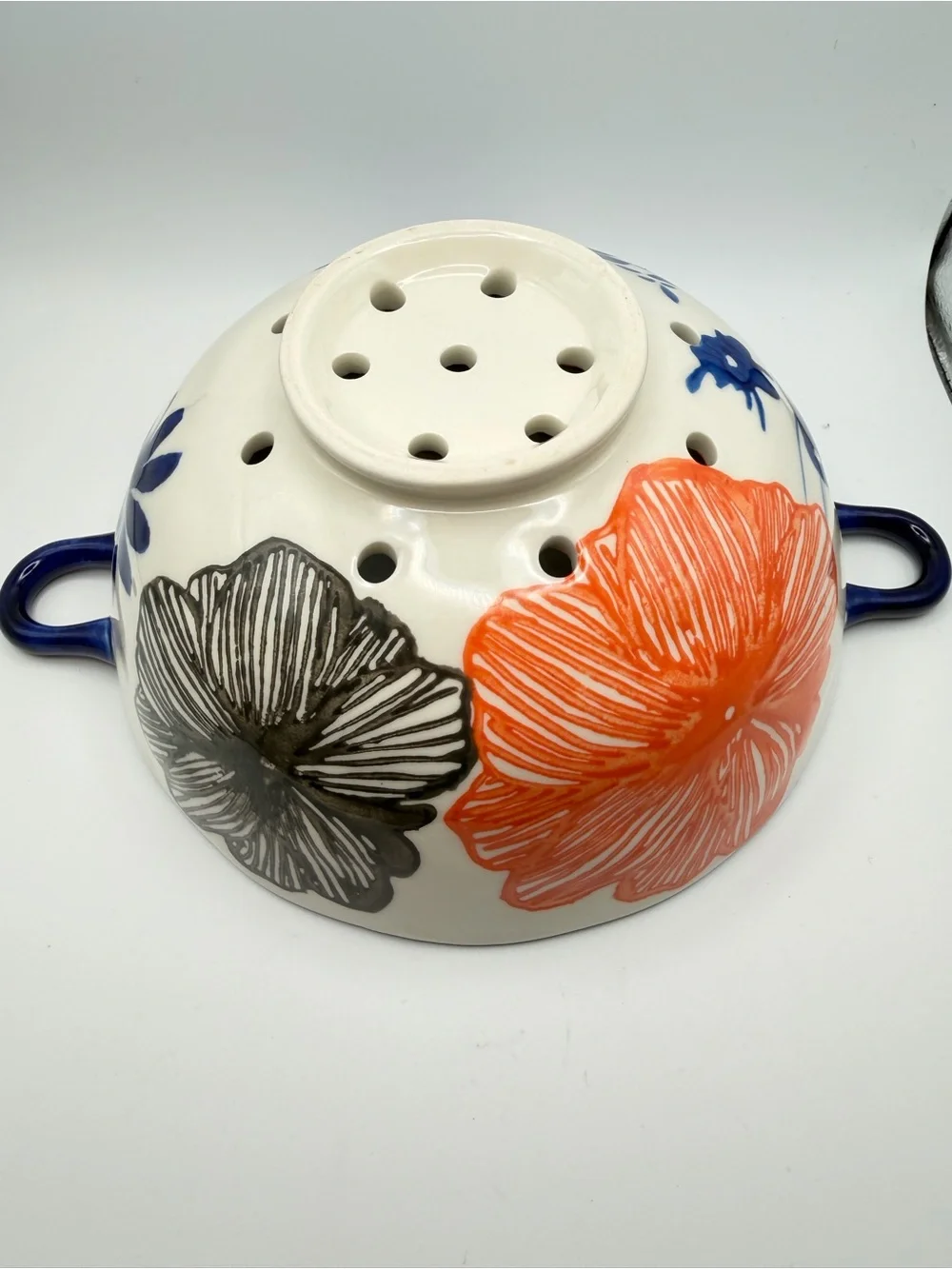 Anthropologie Home Tropic Garden Floral Ceramic Colander in Blue, Orange